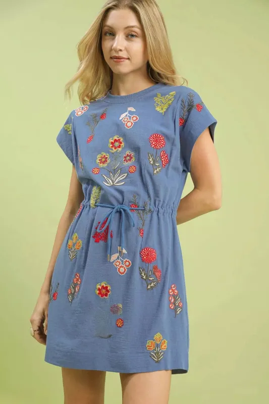 Umgee Embroidered Floral Mini Dress with Waist Tie made by Trendsi