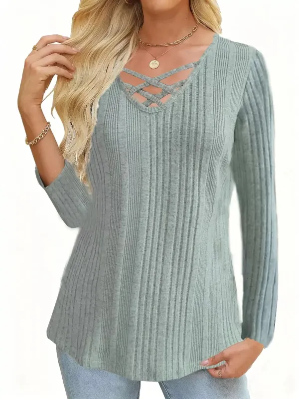 Crisscross V-Neck Ribbed Knit Long Sleeve T-Shirt sold by Charming Charlie
