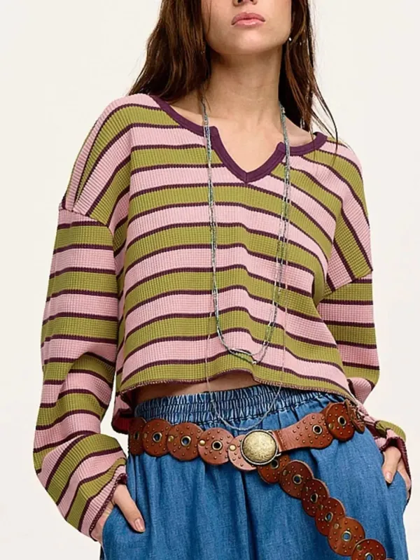 Stripes Waffle Texture Notched Neck Long Sleeve Top sold by Charming Charlie
