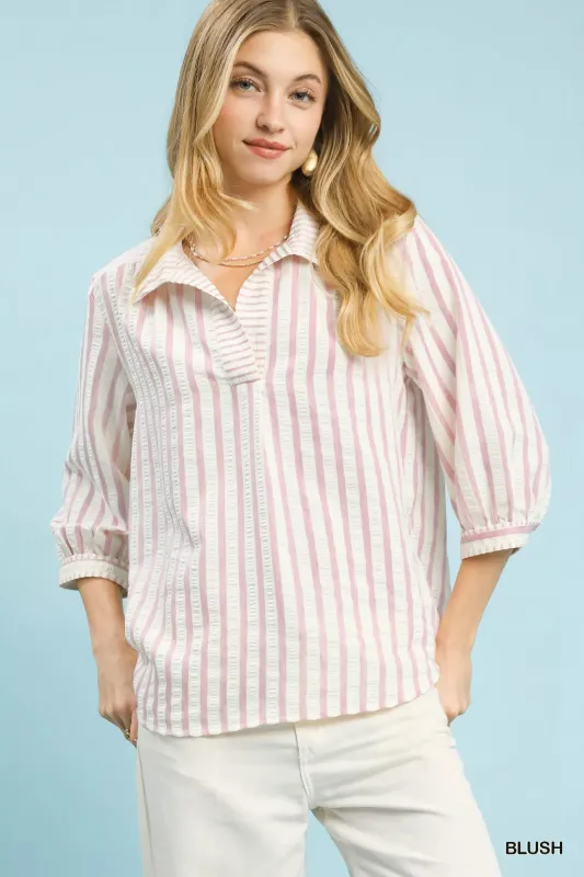 Umgee Striped Collared Neck Blouse made by Trendsi