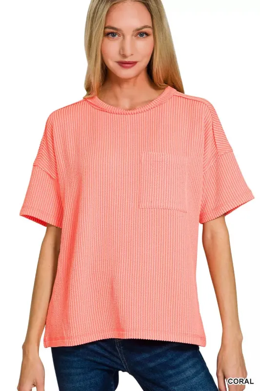 Zenana Raised Rib Exposed Seam Short Sleeve Top sold by Charming Charlie
