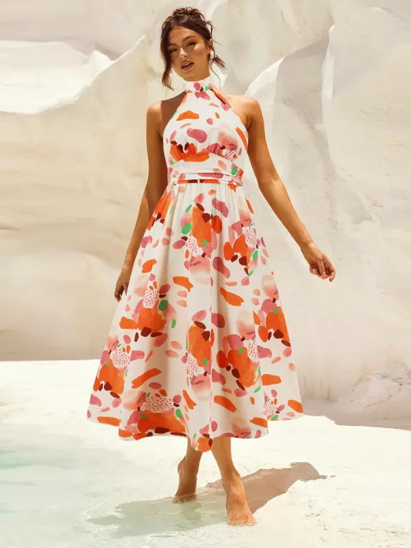Ruched Printed Halter Neck Sleeveless Dress sold by Charming Charlie