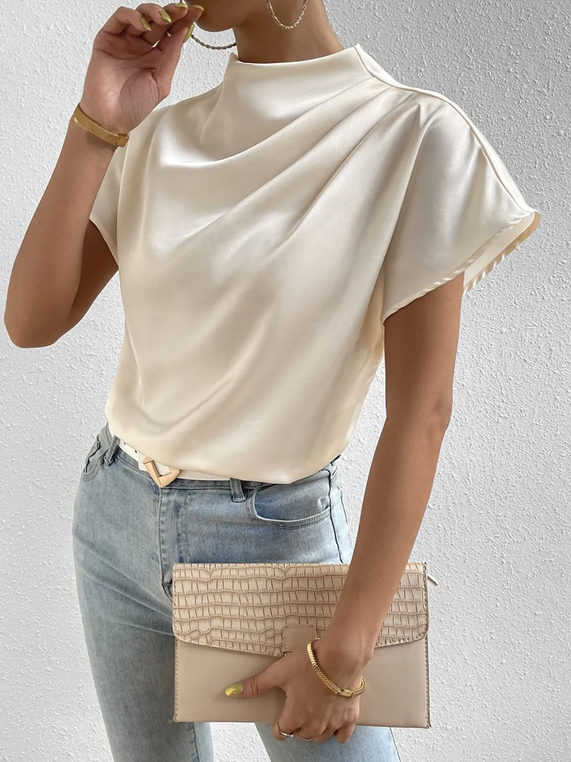 Ruched Mock Neck Short Sleeve Blouse sold by Charming Charlie product image thumbnail 2