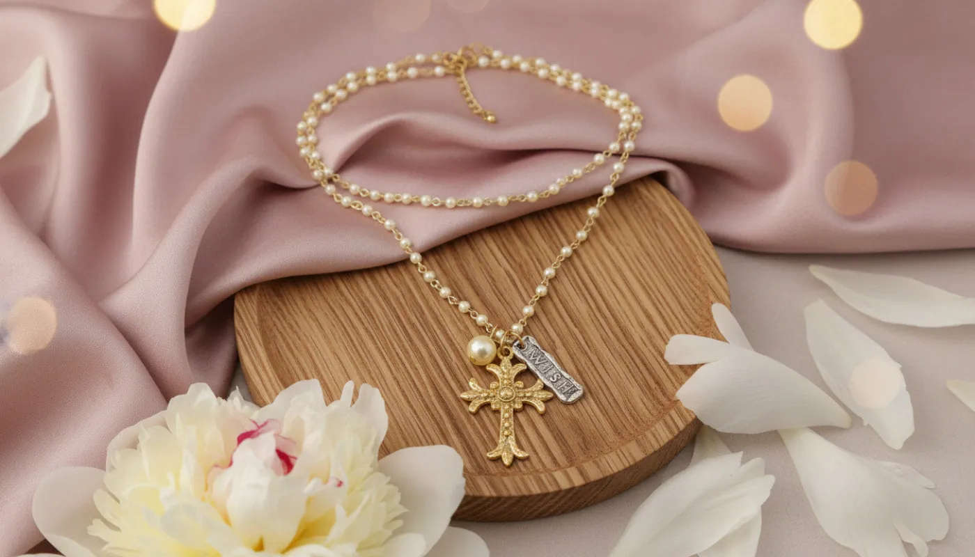 Gold-tone necklace with Pearl Beads, a Cross Pendant sold by Charming Charlie