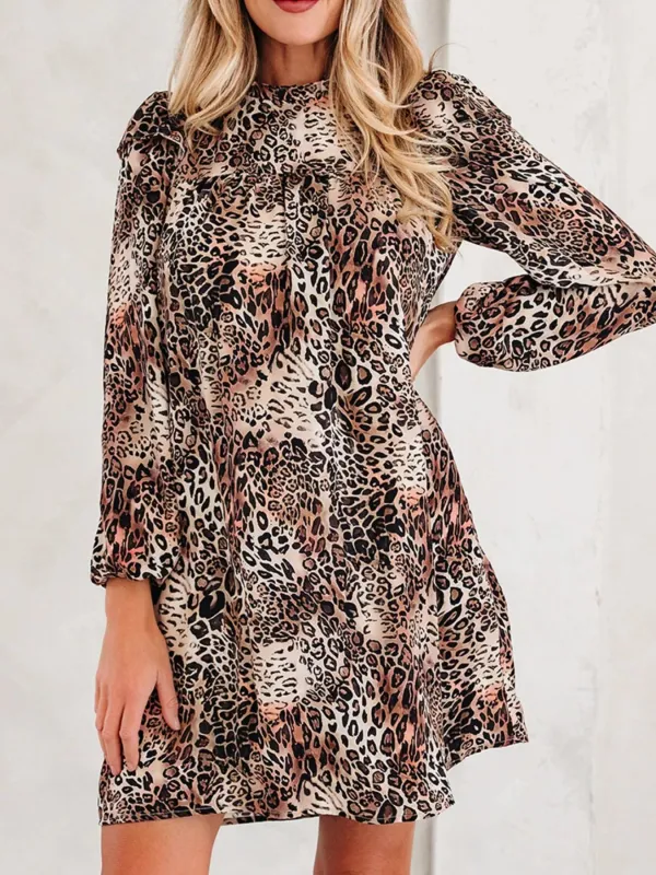 Leopard Ruffled Detail Long Sleeve Loose Mini Dress sold by Charming Charlie