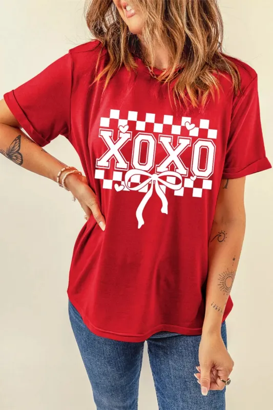XOXO Checkered Ribbon Bow Print Valentines Day T Shirt sold by Charming Charlie
