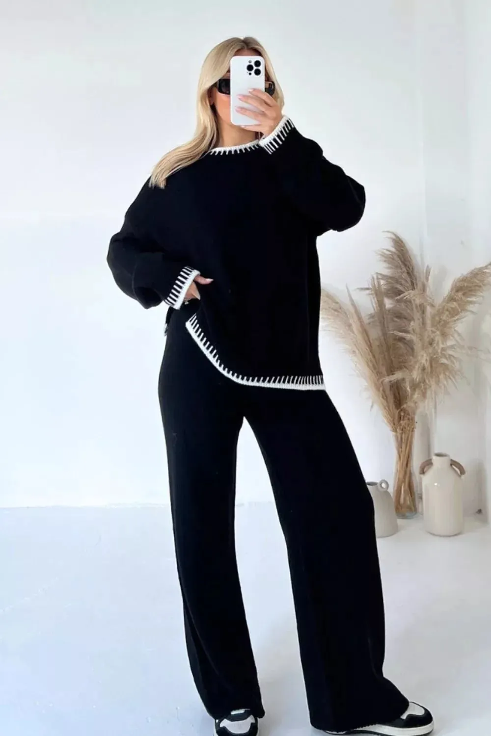Contrast Trim Round Neck Top and Pants Sweater Set sold by Charming Charlie product image thumbnail 4