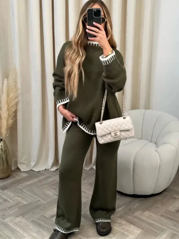 Contrast Trim Round Neck Top and Pants Sweater Set sold by Charming Charlie