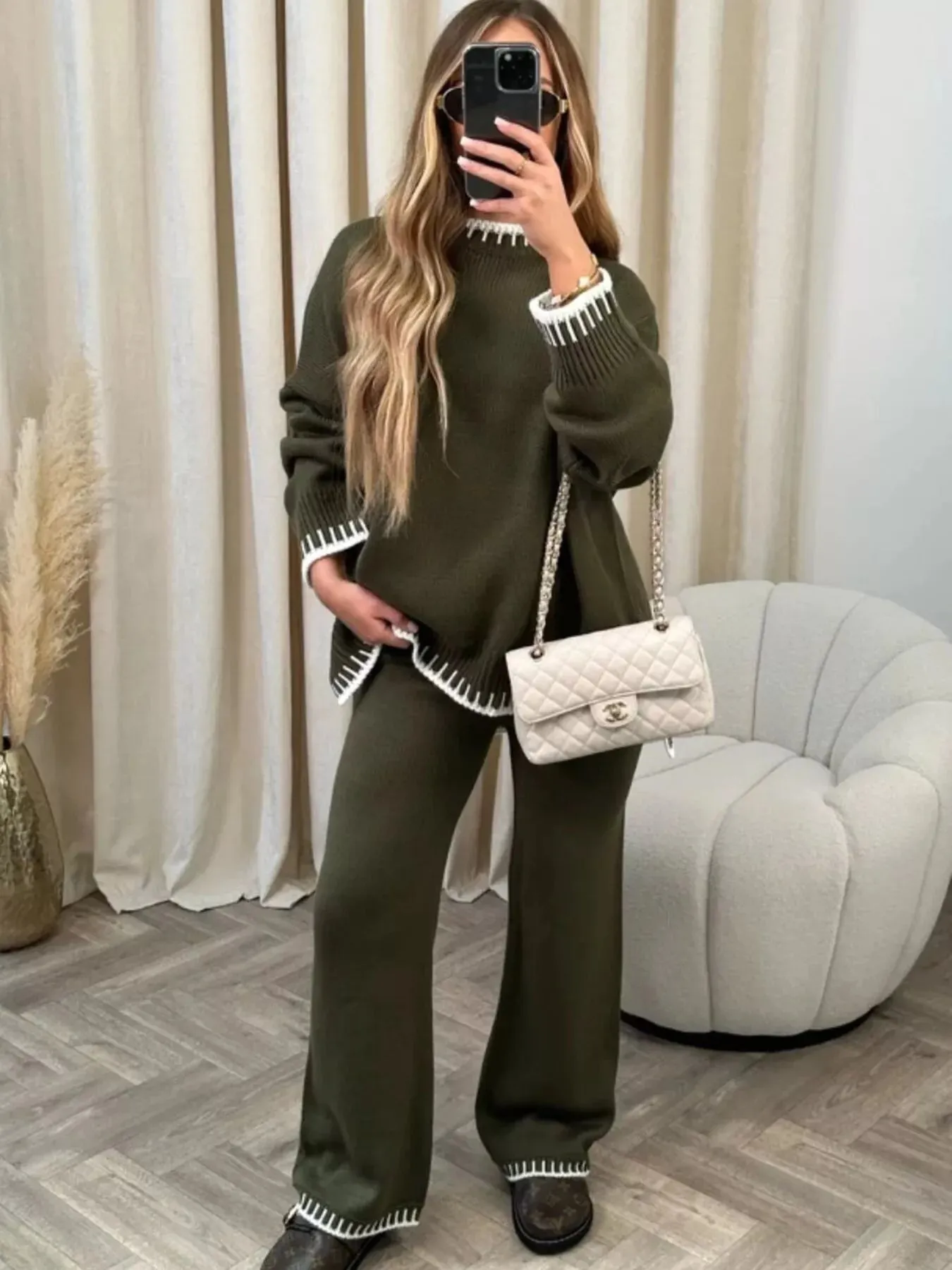 Contrast Trim Round Neck Top and Pants Sweater Set sold by Charming Charlie