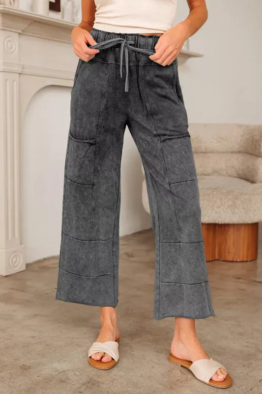 Mineral Wash Lace-up High Waist Raw Hem Patched Pocket Pants made by Trendsi