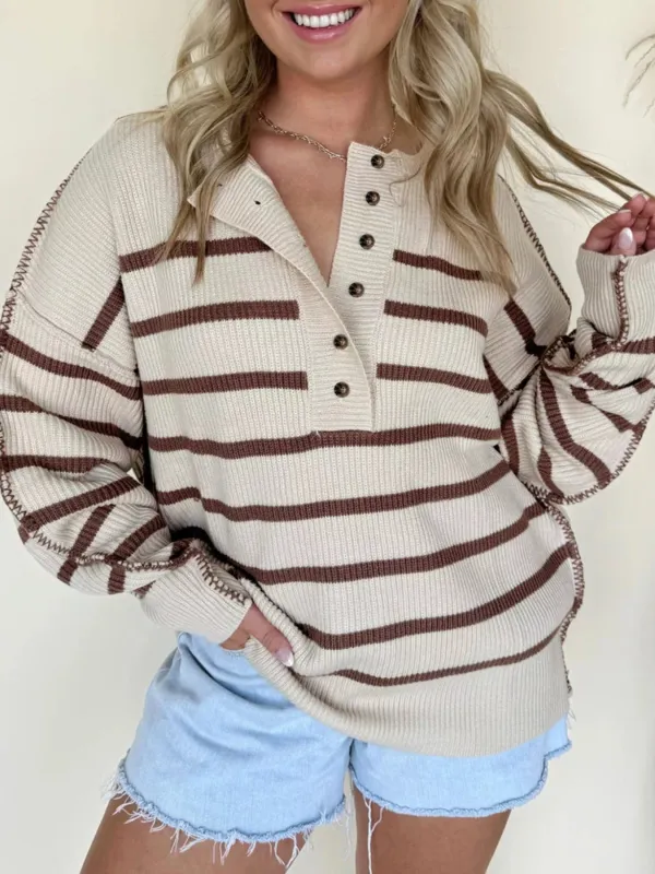 Stripe Ribbed Henley Drop Shoulder Slouchy Sweater sold by Charming Charlie