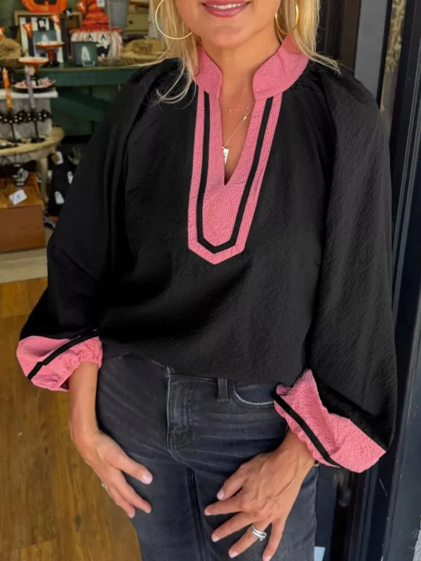 Color Block Patchwork Detail Textured Long Sleeve Blouse sold by Charming Charlie