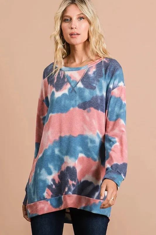 BiBi Tie Dye French Terry Pull Over with Front Stitching Detail sold by Charming Charlie