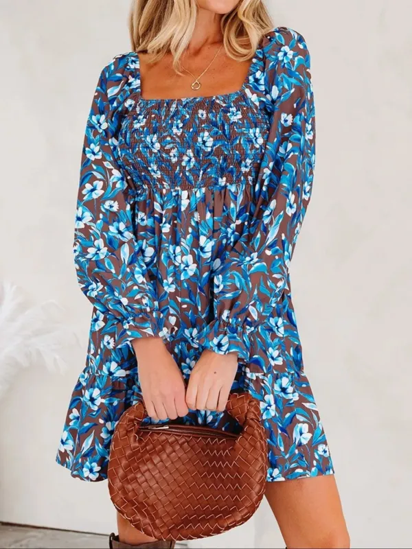 Smocked Bodice High Waist Ruffled Sleeve Floral Dress sold by Charming Charlie