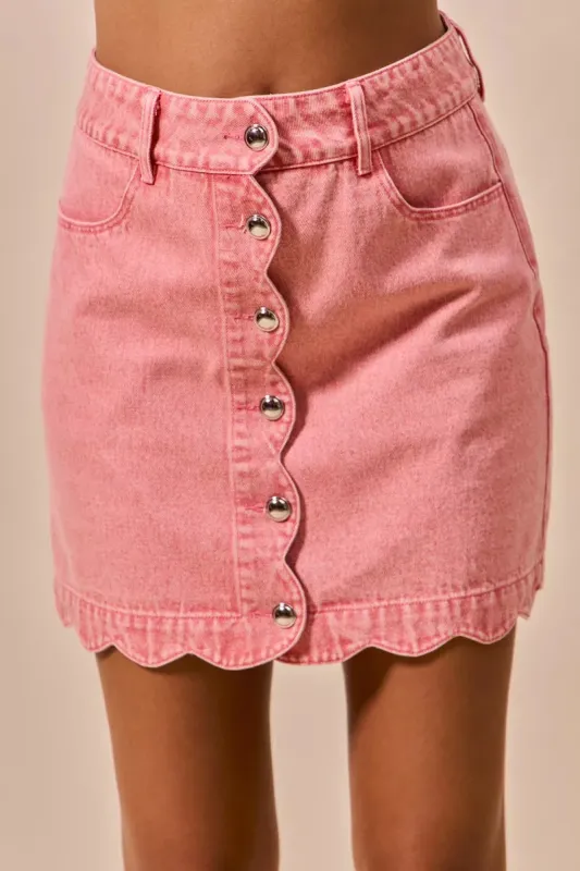 SO ME Vintage Wash Scallop Edge Denim Mini Skirt sold by Charming Charlie