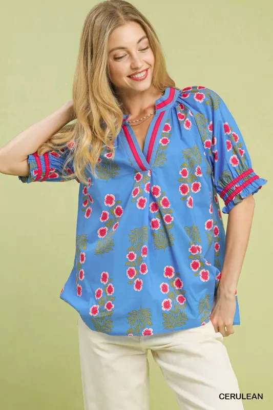 Umgee Floral V-Neck Puff Sleeve Top sold by Charming Charlie