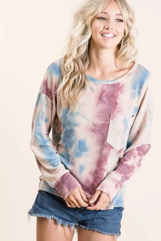 BiBi Tie Dye Print Terry Top With Front Patch Pocket sold by Charming Charlie