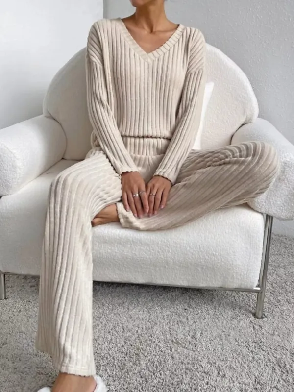 Ribbed Knit V-Neck Top and Pants Set made by Trendsi