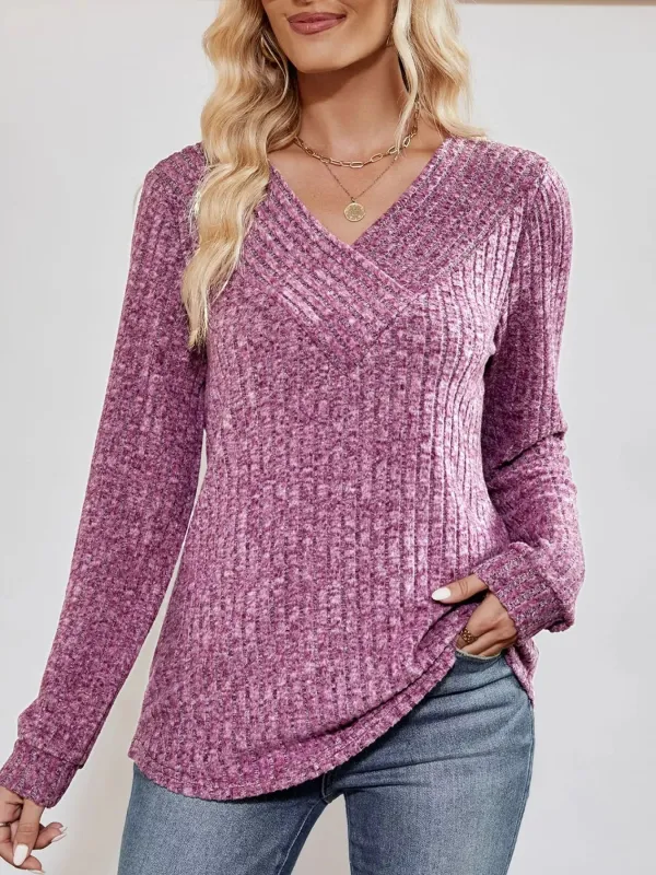 Ribbed Knit V-Neck Long Sleeve T-Shirt sold by Charming Charlie