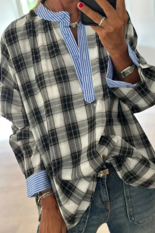 Contrast Striped Edge Half Placket Plaid Blouse sold by Charming Charlie