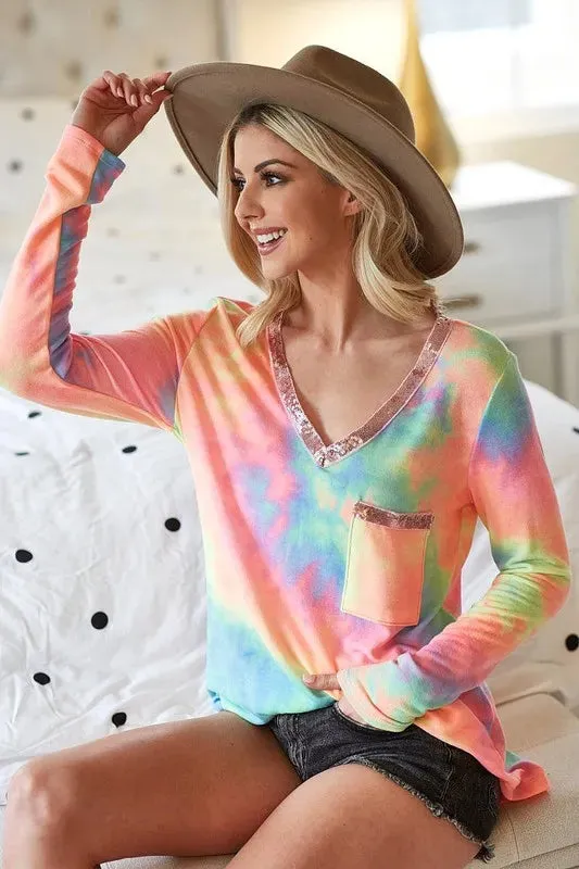 BiBi Tie Dye V-neck Terry Knit Top With Sequins sold by Charming Charlie