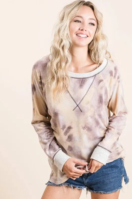 BiBi Tie Dye Terry Pull Over With Contrast Stitching sold by Charming Charlie