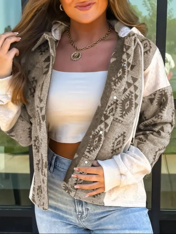 Western Aztec Print Color Block Patchwork Drawstring Hooded Shacket sold by Charming Charlie