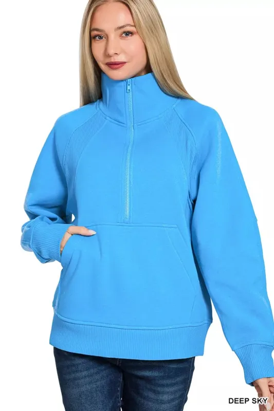 Zenana Half Zip Fleece Sweatshirt with kangaroo Pocket sold by Charming Charlie