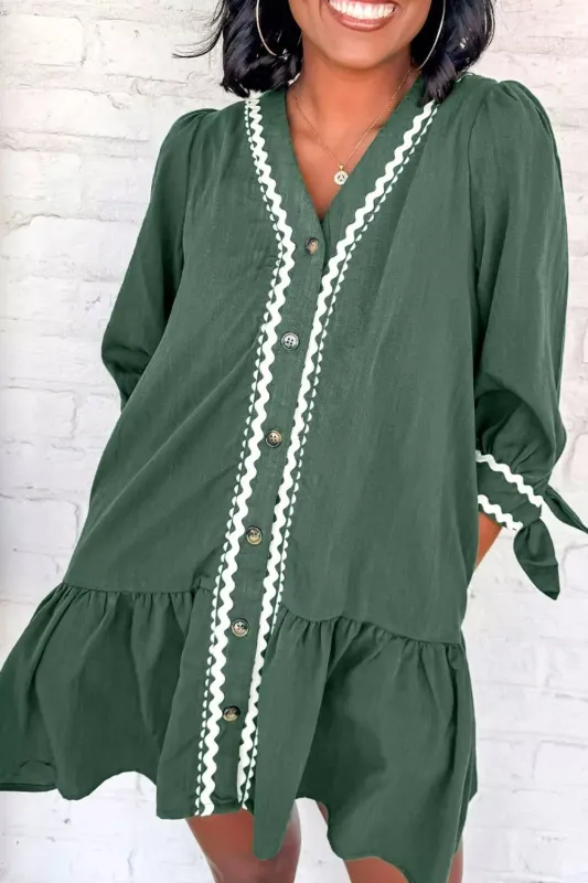 Contrast Ricrac Trim Button V Neck Knotted Bracelet Sleeve Shift Dress sold by Charming Charlie