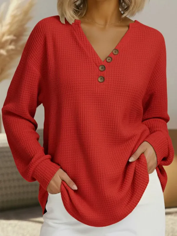 Full Size Casual Waffle Knit V-Neck Long Sleeve T-Shirt Plus Size sold by Charming Charlie