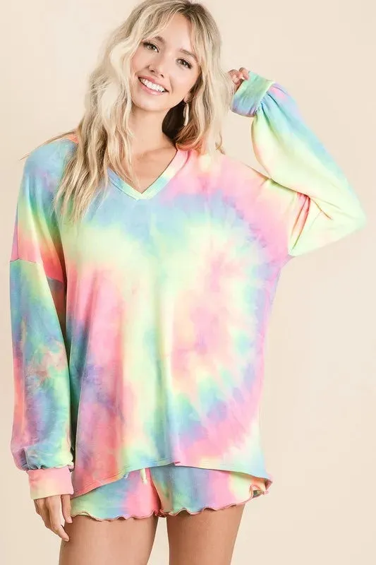 BiBi Tie Dye French Terry Top With Balloon Sleeves sold by Charming Charlie