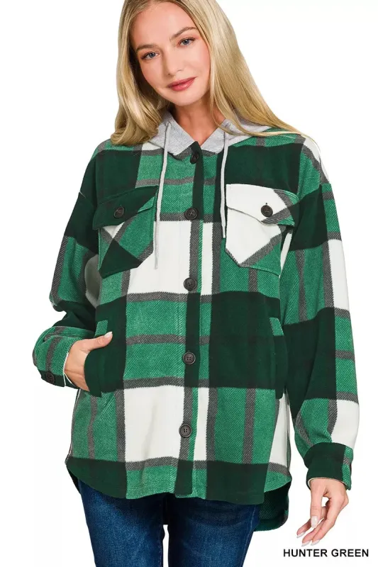 Zenana Plaid Drawstring Hooded Fleece Shacket sold by Charming Charlie
