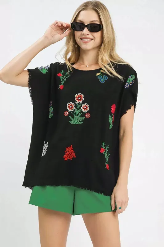 Umgee Linen Blend Embroidered Frayed Hem Top sold by Charming Charlie