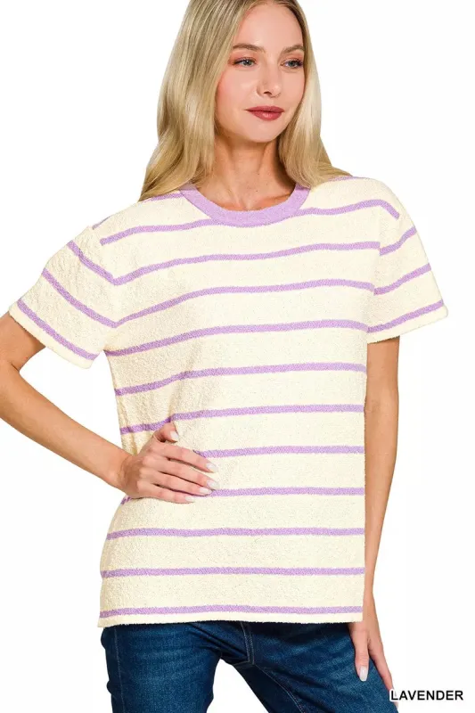 Zenana Textured Striped Crew Neck T-Shirt made by Trendsi