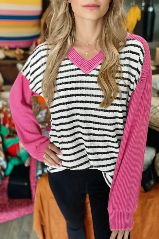 Stripe Textured Knit Twisted Rib Contrast Patchwork V Neck Long Sleeve Top sold by Charming Charlie