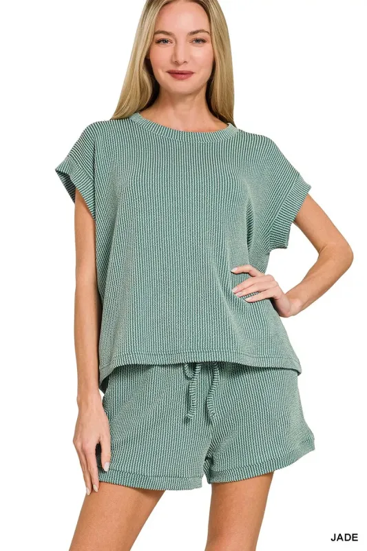 Zenana Raised Rib Cap Sleeve Top & Shorts Set sold by Charming Charlie