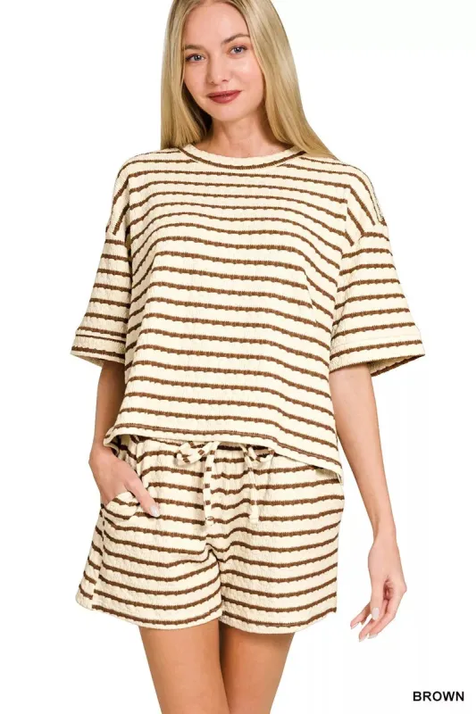 Zenana Striped Short Sleeve Tee & Shorts Set sold by Charming Charlie