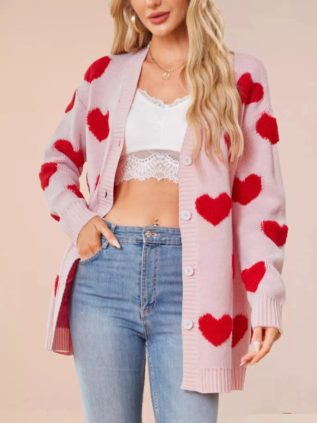 Heart Pattern Knit Button-Up Cardigan sold by Charming Charlie product image thumbnail 4