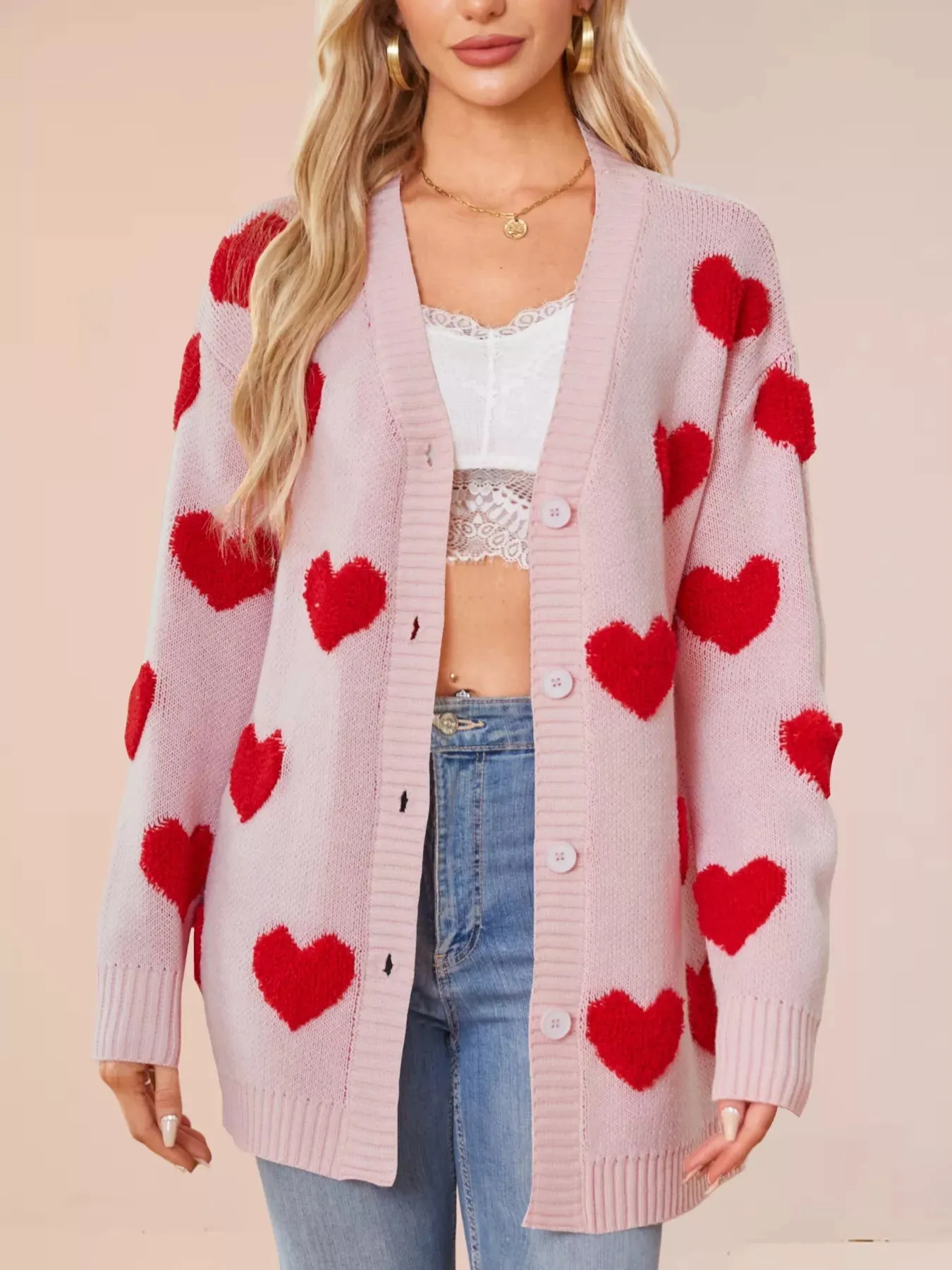 Heart Pattern Knit Button-Up Cardigan sold by Charming Charlie product image thumbnail 5