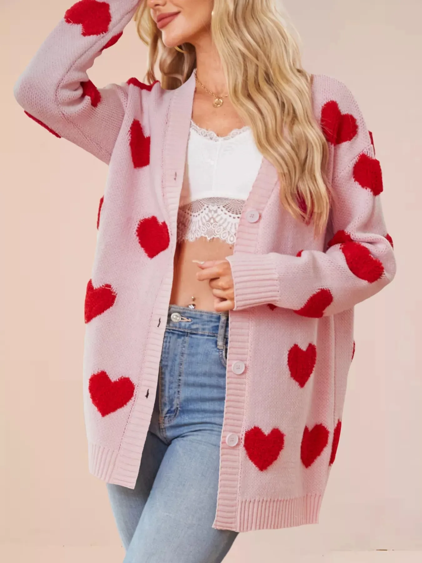 Heart Pattern Knit Button-Up Cardigan sold by Charming Charlie product image thumbnail 2