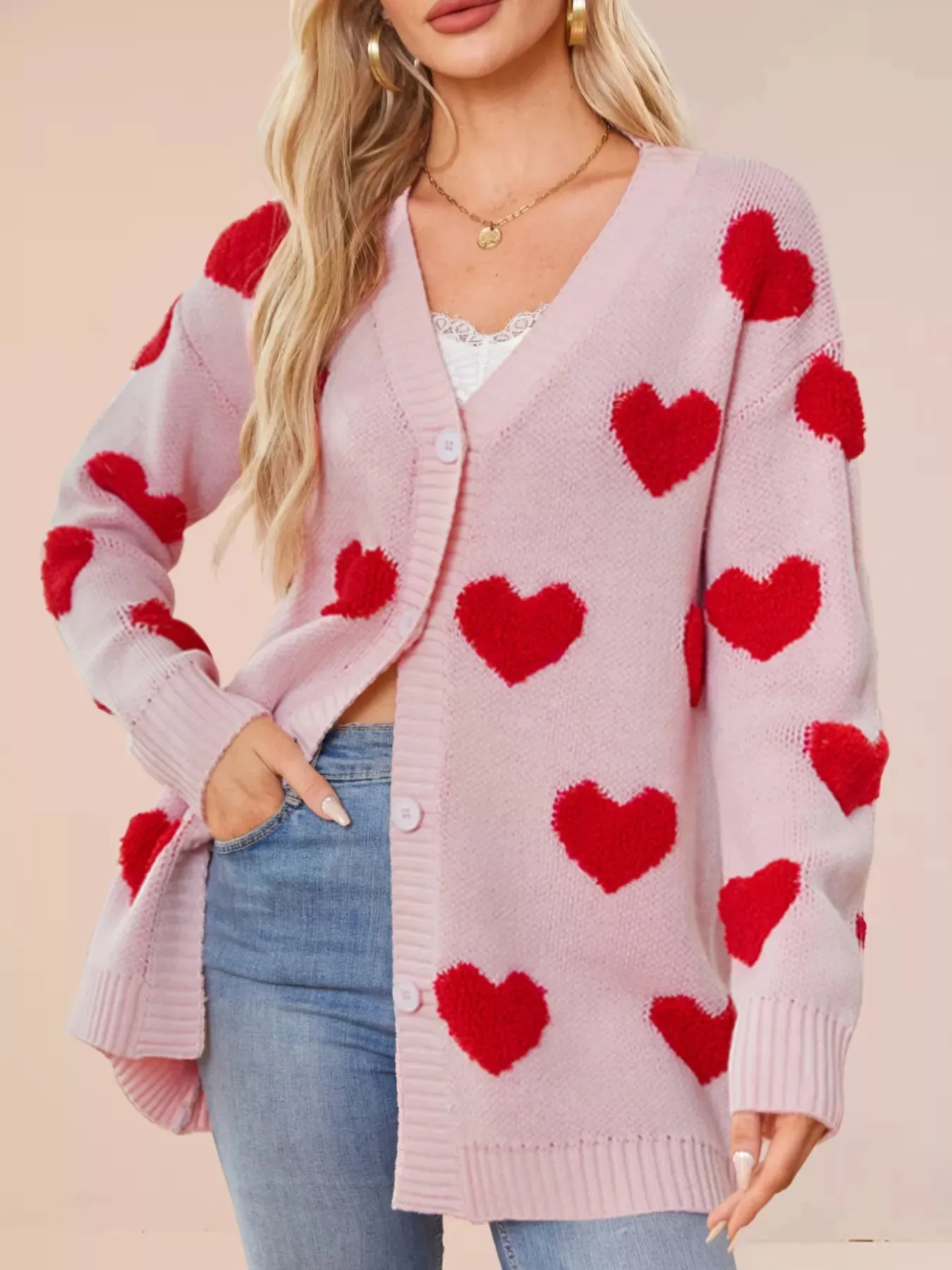 Heart Pattern Knit Button-Up Cardigan sold by Charming Charlie product image thumbnail 3