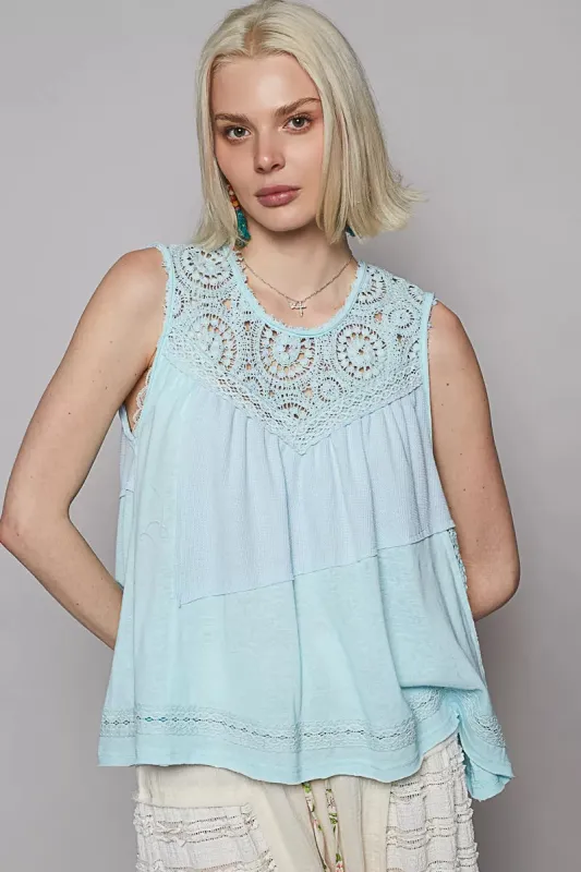 POL Round Neck Sleeveless Top with Crochet Contrast sold by Charming Charlie