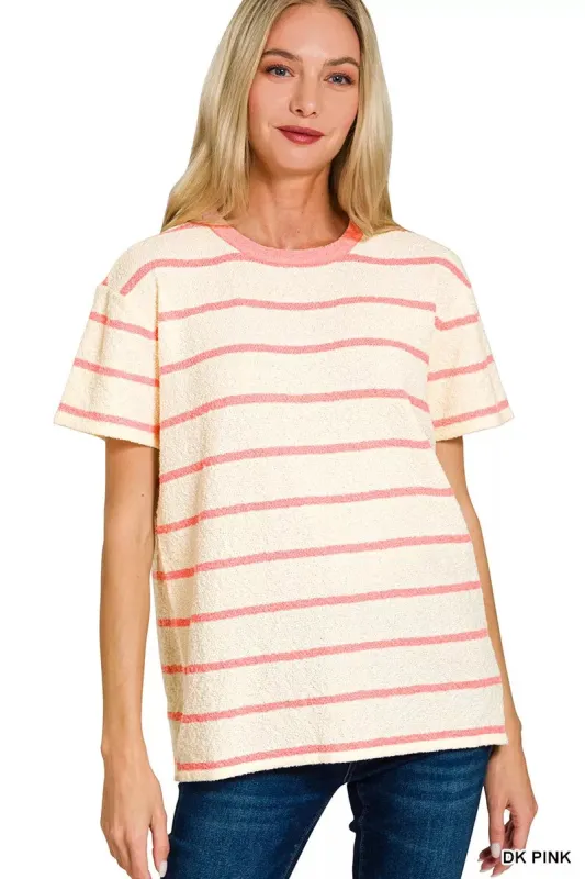 Zenana Textured Striped Crew Neck T-Shirt made by Trendsi