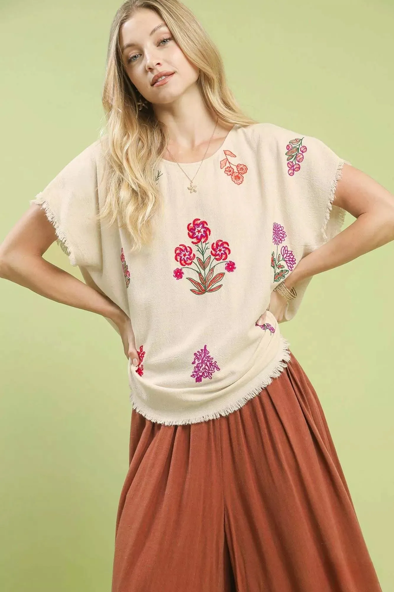 Umgee Linen Blend Embroidered Frayed Hem Top sold by Charming Charlie