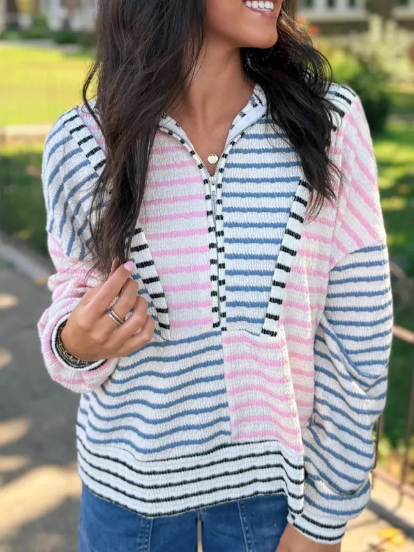 Striped Color Block Patchwork Half Zip Drop Shoulder Long Sleeve Top sold by Charming Charlie