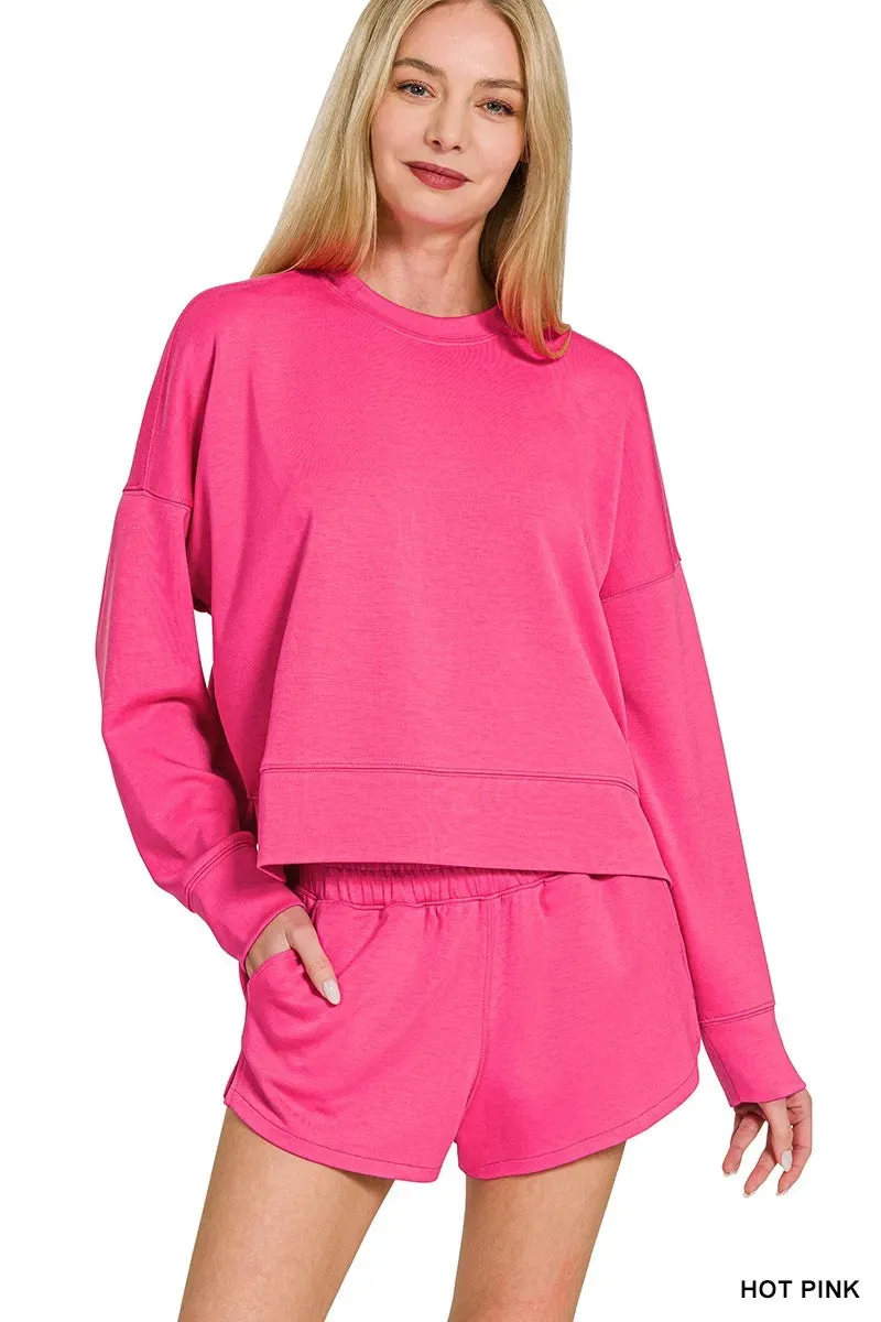 Zenana Scuba Long Sleeve Sweatshirts & Shorts Set sold by Charming Charlie
