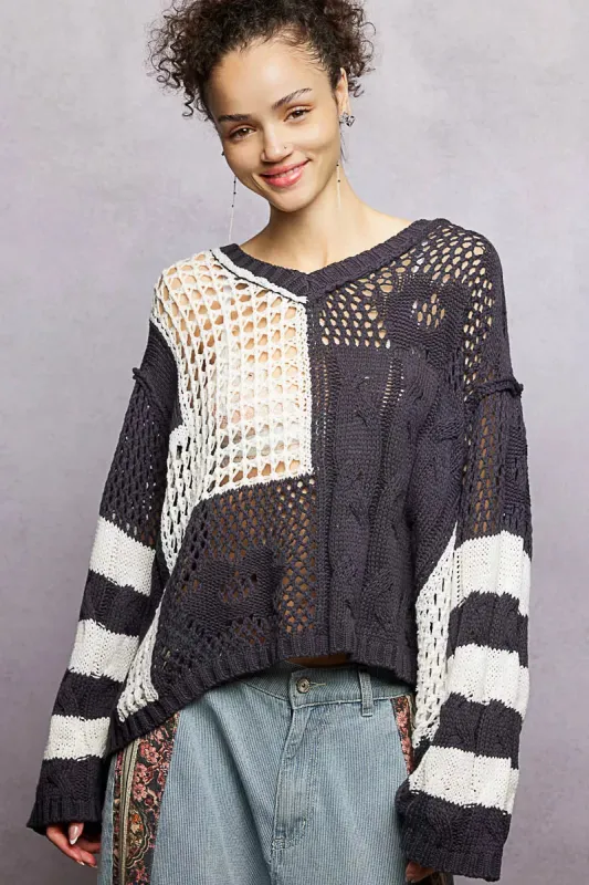POL Color-Blocked Stripe Pattern Knit Top with Twisted Weave made by Trendsi