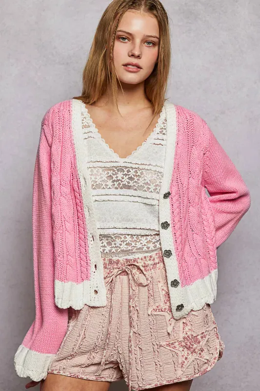 POL Button Down Cable-Knit Cardigan with Contrast Border Accents sold by Charming Charlie