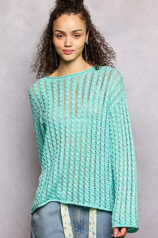 POL Openwork Round Neck Knit Top with Shiny Detail sold by Charming Charlie