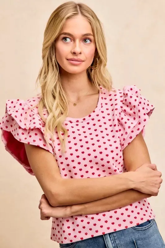 BiBi Heart Patterned Knit Ruffled Sleeves Top made by Trendsi